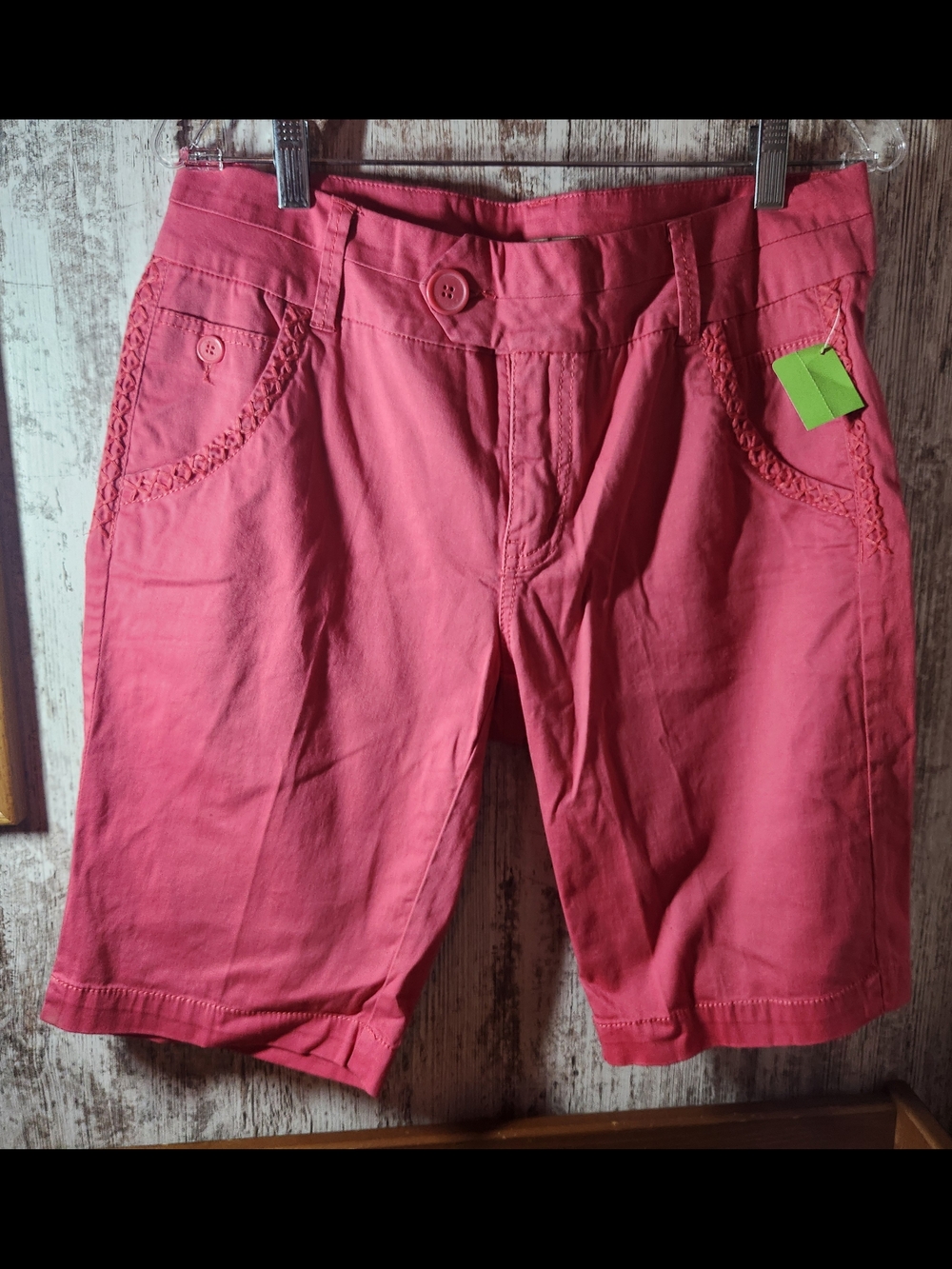 Classic Rose Pink Bermuda Shorts w/ Button Waist Stitching Accents Along Pockets